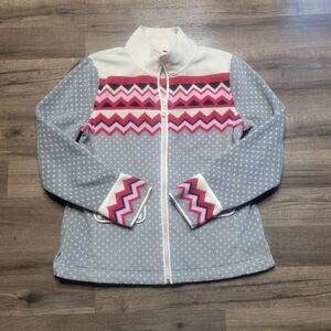Talbots Fleece Jacket Size M Gray Pink Fair Isle Nordic Full Zip Pockets